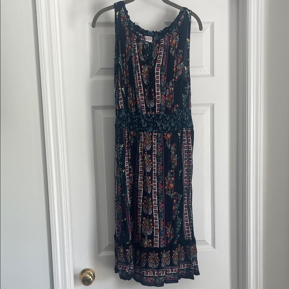 Bila Black Floral & Stripe Sleeveless Dress with Smocked Waist